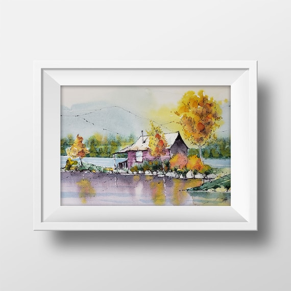 秋の風景画 湖の絵 秋の風景 秋の水彩画アートプリント、湖の秋 - Etsy 日本