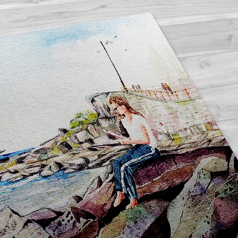 Fine Art Watercolor Oceanside Watercolor Art Print Watercolor Wall Art Reading Painting