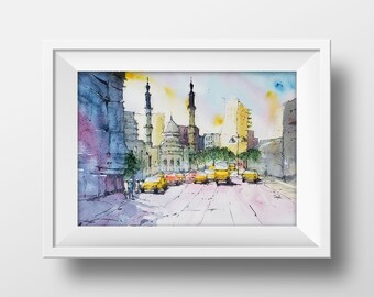 Port of Alexandria Watercolor Painting, Egypt Art, Egypt Painting, Egyptian Street Art, Alexandria Port Art