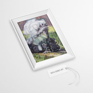 May include: A watercolor painting of a black steam train with white smoke billowing from the chimney, traveling through a green forest. The train is moving towards the viewer, and the smoke is obscuring the background. The painting is framed in a white frame.