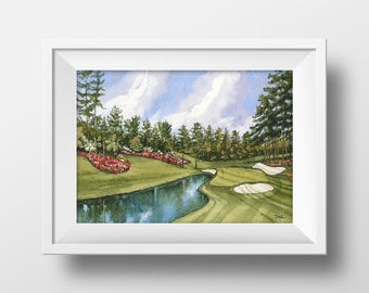 May include: Watercolor painting of a golf course with a pond, green grass, and trees. The sky is blue with white clouds.