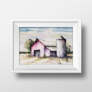 Old Red Barn with Silo Watercolor Art Print image 1