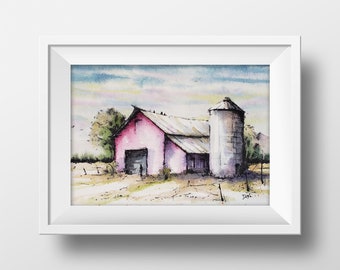 Old Red Barn with Silo Watercolor Art Print