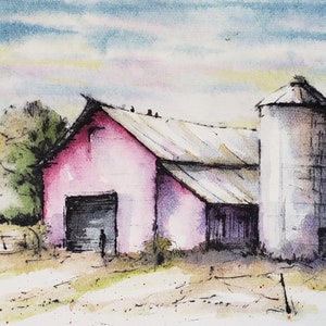 Old Red Barn with Silo Watercolor Art Print image 3