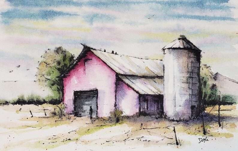 Old Red Barn with Silo Watercolor Art Print image 3