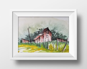 Old Barn Watercolor - Red Barn Wall Art - Fairview Barn Watercolor - Barn Painting - Old West Landscape Art Print