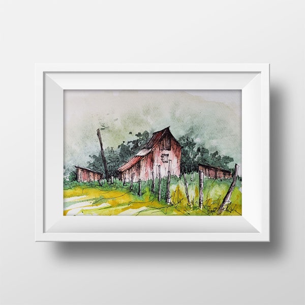 Old Barn Watercolor - Red Barn Wall Art - Fairview Barn Watercolor - Barn Painting - Old West Landscape Art Print