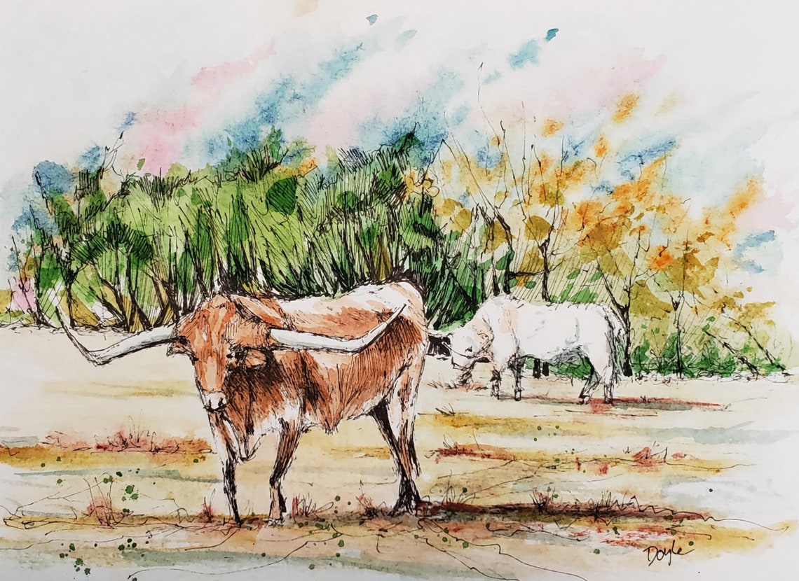 Texas Longhorn Livestock Watercolor Art Print, Texas Bull Painting ...