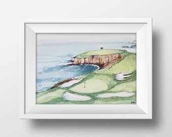 May include: Watercolor painting of a golf course with a green fairway, sand traps, and a flag on the green. The course is on a cliff overlooking the ocean with blue water and white waves.