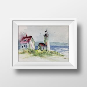 Cape Neddick Lighthouse Watercolor Art Print, Cape Neddick Maine, Lighthouse Painting