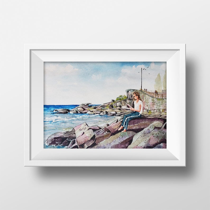 Fine Art Watercolor Oceanside Watercolor Art Print Watercolor Wall Art Reading Painting