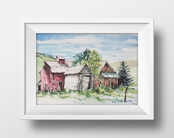 Old Barns in Bennington Utah Watercolor Art Print, Rustic Barn Painting