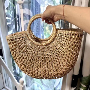 GRAS Women s Summer Half Moon Straw Bag With Round Ring Handle