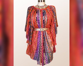 BUTTERFLY BREEZY ~ 70s Stripe Printed Eyelet Tunic Top w Fluttery Sleeves - M/L - Made in CA