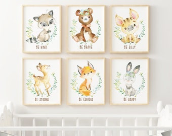 Woodland Nursery Wall Art Set of 6 Woodland Animals Nursery Safari Animals Art Prints Forest Nursery Wall Decor Print Set, Instant Download