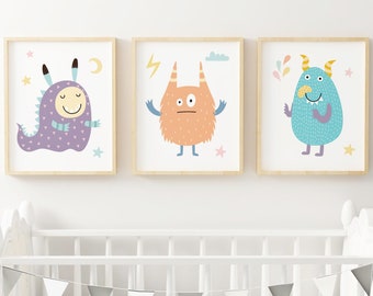 Monster Nursery Wall Art Set of 3 Monster Art Print Cute Monsters Nursery Wall Decor Printable Kids Room Decor, Instant Download