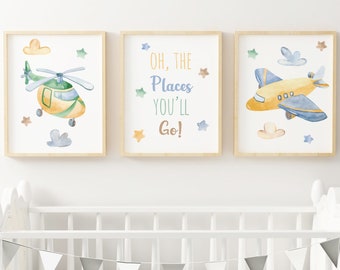 Airplane Nursery Wall Art Set of 3 Airplane Art Prints Plane Nursery Wall Decor Print Set Boy's Room Decor Boy Nursery, Instant Download