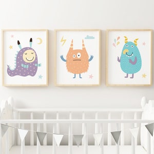 Monster Nursery Wall Art Set of 3 Monster Art Print Cute Monsters Nursery Wall Decor Printable Kids Room Decor, Instant Download