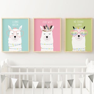 Llama Nursery Wall Art Set of 3 Llama Art Prints Cactus Nursery Wall Decor Print Set Llama Wall Art Girl's Room Decor, Instant Download