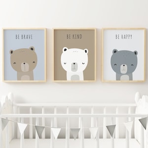 Bear Nursery Wall Art Set of 3 Bear Art Prints Gray and Brown Nursery Wall Decor Print Set Bear Wall Art Boy's Room Decor, Instant Download