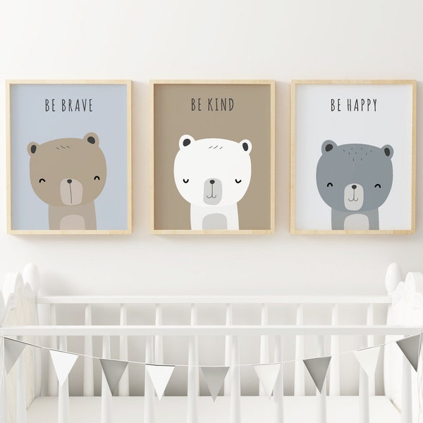 Bear Nursery Wall Art Set of 3 Bear Art Prints Gray and Brown Nursery Wall Decor Print Set Bear Wall Art Boy's Room Decor, Instant Download