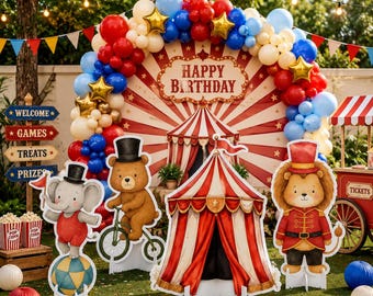 Circus Animal Cardboard Cutouts and Balloon Garland, Carnival Theme Birthday Baby Shower Backdrop Standup Yard Signs, Circus Party Standees
