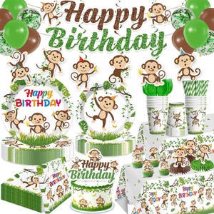 May include: A monkey-themed birthday party supply set featuring green and brown balloons, paper plates, cups, napkins, and a cake topper. The items display illustrations of monkeys, jungle vines, and the text Happy Birthday in glittery green and brown.