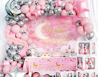 May include: A baby shower decoration set with pink, silver, and white balloons, a banner that says "Welcome Baby", and a backdrop with the text "Twinkle Twinkle Little Star". The table is decorated with a pink tablecloth.