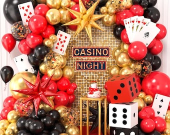 Casino Theme Party Decorations, Dice Boxes, Poker Cards Black Red Gold Balloon Garland, Vegas Themed Party and Casino Night Birthday
