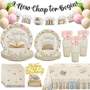 May include: A party supply set featuring a banner with the text A New Chapter Begins, paper plates with book and floral illustrations, pink plastic forks, paper cups, napkins, a gold Happy Birthday cake topper, and a book-themed tablecloth.