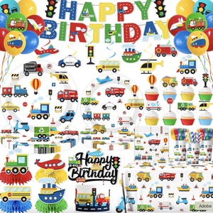 May include: A transportation-themed birthday party set featuring a Happy Birthday banner, plates, cups, napkins, and a cake topper. The items display colorful illustrations of trains, fire trucks, airplanes, ships, and traffic lights on a white background.