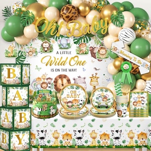 May include: A baby shower decoration set with a jungle theme. The set includes green, gold, and cream-colored balloons, along with jungle animal-themed decorations, plates, cups, and a cake. The text "Oh Baby" and "A Little Wild One Is On The Way!" are visible.