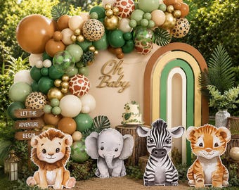 Large Safari Animals Cutouts and Balloon Garland, Jungle Safari Birthday Baby Shower Backdrop Standup Yard Signs, Animal Photo Booth Props
