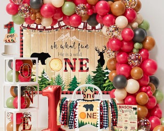 Lumberjack 1st Birthday Decorations, Lumberjack wild One Backdrop, Buffalo Plaid Monthly Photo Banner Balloon Garland Balloon Boxes