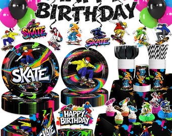 Skateboard Birthday Tableware Set, Skate Party Banner Plates, Napkins, Cups Tablecloth Disposable Dinnerware Serves 25