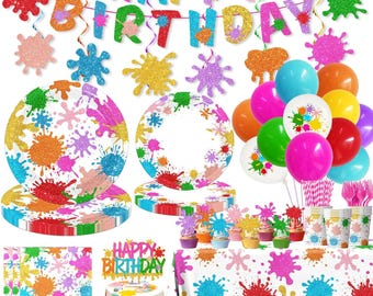 Paint Birthday Tableware Set, Paint Splatter Banner Plates, Napkins, Cups Tablecloth Disposable Dinnerware Serves 25