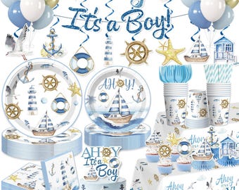 Nautical Baby Shower Tableware Set, Ahoy Its a Boy Plates, Napkins, Cups, Tablecloth Disposable Dinnerware Serves 25