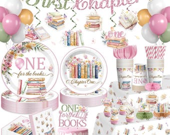 One for the Books Birthday Tableware, Girl Chapter One 1st Birthday Banner Plates Napkins Cups Tablecloth Disposable Dinnerware Serves 25