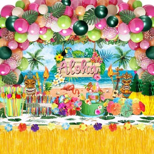 May include: A tropical luau party backdrop with a wooden sign that says "Aloha". The backdrop features a beach scene with palm trees, blue water, and sand. There are also colorful balloons and leis hanging from the top of the backdrop.