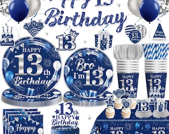 13th Birthday Tableware Set, Blue and Silver 13th Birthday Banner Plates, Napkins, Cups Tablecloth Disposable Dinnerware Serves 25