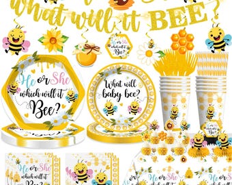 Bee Gender Reveal Tableware Set, What Will Baby Bee Banner, Plates, Napkins, Cups, Tablecloth Disposable Dinnerware Serves 25