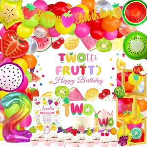 May include: A colorful birthday party scene with fruit-shaped balloons and decorations. The image includes a variety of balloons in the shape of strawberries, watermelons, and kiwis. The text "TWOtti FRUTTi Happy Birthday" is visible.