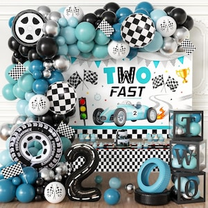 Two Fast Birthday Decoration, Retro Blue Race Car 2nd Birthday Backdrop Balloon Garland and Baby Boxes Race Car Second Birthday Photo Banner