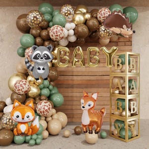 Woodland Animals Balloon Garland and Baby Boxes Woodland Themed Sage Green Brown Balloons Neutral Forest Animal Baby Shower Decorations