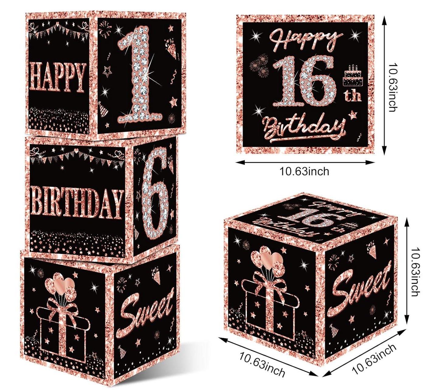 16th Birthday Balloon Boxes for Girls 3pcs Black Rose Gold Sweet 16th ...