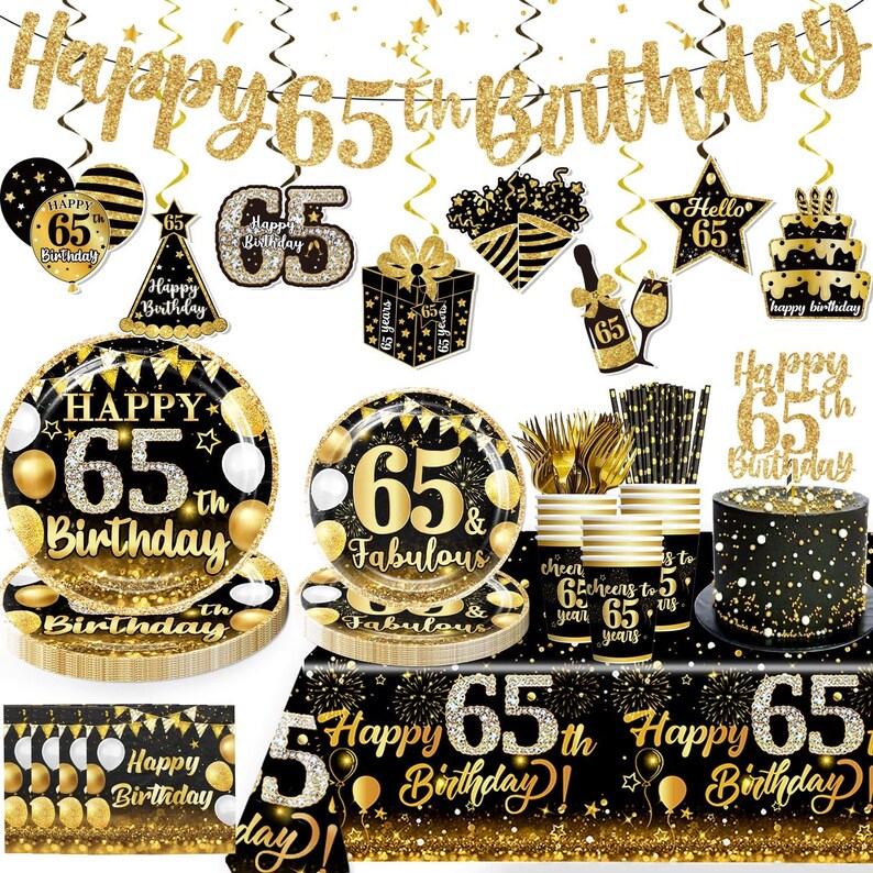 65th Birthday Tableware Set, Black and Gold 65th Birthday Banner Plates ...
