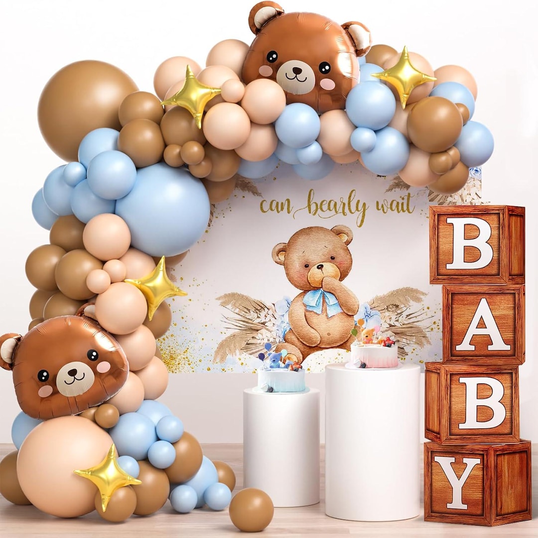 Teddy Bear Baby Shower Decorations, Boho Brown Blue and Bear Baby ...