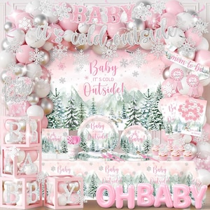 May include: A baby shower decoration set with pink, white, and silver balloons, snowflake accents, and the phrases "Baby, it's cold outside" and "Oh Baby." Includes tableware, boxes, and a backdrop.