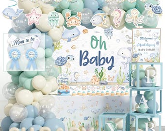 Sea You Soon Baby Shower Decorations, Baby Box with Letters, Under The Sea Oh Baby Backdrop, Balloon Garland