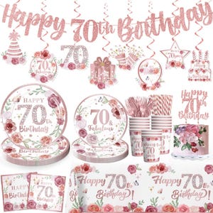 May include: A collection of rose gold party decorations for a 70th birthday celebration. Includes plates, cups, cutlery, a cake topper, and a banner that reads "Happy 70th Birthday!" Floral and butterfly accents are featured throughout the set.